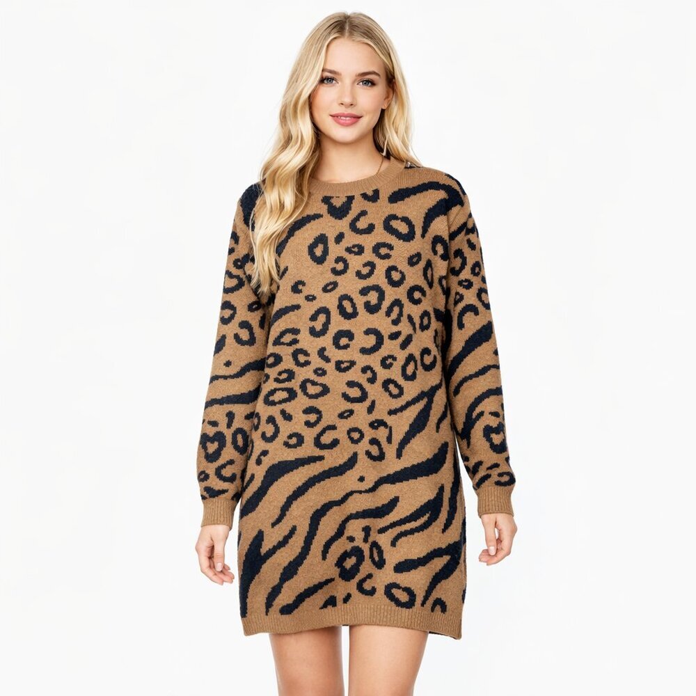 2/$30 Line & Dot RILKE Leopard Animal Print Sweater Tunic Dress XSP#A1758